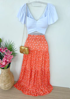 Saia longa crepe coral - comprar online