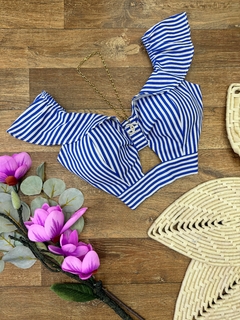 Cropped linho listrado azul