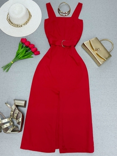 Vestido midi com cinto vermelho