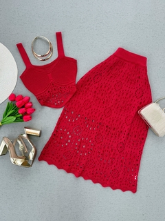 Conjunto cropped e saia tricot midi