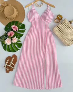 Vestido midi linho - Rosa - comprar online