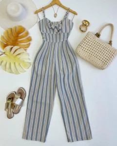 Macacão linho listrado AZUL - comprar online