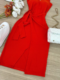Vestido canelado de amarrar coral - comprar online