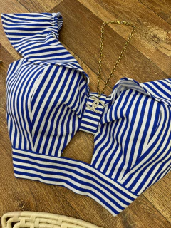 Cropped linho listrado azul na internet