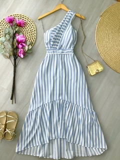 Vestido longo listrado azul claro