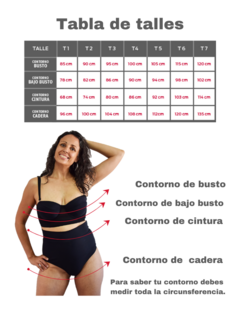 Tabla de talles de body Céline con medidas de contornos de busto, bajo busto, cintura y cadera.