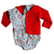 Conjunto para Bebê com Jardineira curta estampa Berries  e casaco de Jacquard Vermelho  ambos em Algodão Pima Peruano