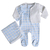 Conjunto de macacão com babado frontal e fechamento traseiro manga longa e pezinho Vichy Celeste com Casaco bebê Jacquard  e manta vichy Celeste - tudo em Algodão Pima Peruano