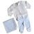 Conjunto para maternidade de calça punho vichy celeste, body branco com gola bordada Elefante, e casaco branco de algodão pima compondo com a manta vichy celeste - tudo em algodão Pima 