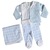 Conjunto para maternidade de calça punho vichy celeste, body branco com gola bordada BUS, e casaco celeste de algodão pima compondo com a manta vichy celeste - tudo em algodão Pima 