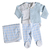 Conjunto para maternidade de calça punho vichy celeste, body branco com gola bordada Elefante, e casaco celeste de algodão pima compondo com a manta vichy celeste - tudo em algodão Pima 