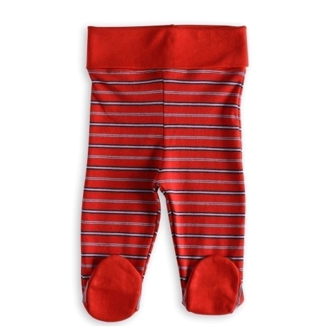 Calça Bebê com Punho na cintura vermelha com listras em dois tons de azul