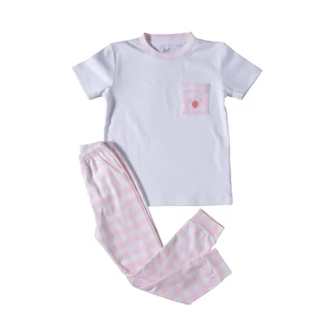 Pijama Infantil Algodão Pima Vichy Rosa com bolso bordado de morango - calça e blusa manga curta para o pijama de verão sua filha - pijama de irmãs, pijama de amigas
