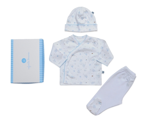Set batita, ranita y gorro gatitos celeste