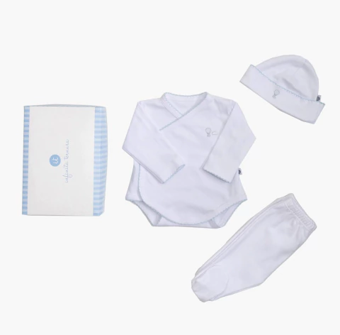 Set 3 piezas body bordado celeste + caja