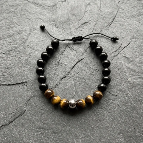 Pulsera Shamballa N° 8 PAMPA - Ónix y Ojo de Tigre