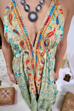 VESTIDO LARGO BORDADO NEW ESPEJOS TONOS VERDES - comprar online