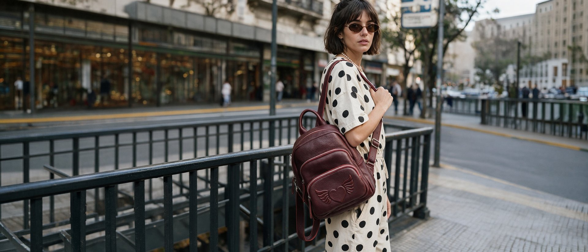 Mochila Eva cherry de cuero bordó en la calle