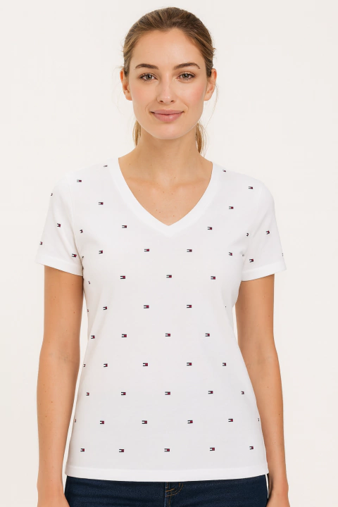 Camiseta Feminina Tommy Hilfiger Gola V Branca com Bandeirinhas - TH1323- Tamanho P - comprar online