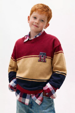 Sweater Tommy Hilfiger Menino Bordô/Azul Marinho e Bege - TH91- Tamanho 8 - 10 anos - comprar online