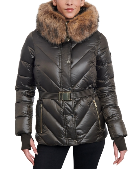 Jaqueta Michael Kors Faux Fur Trim Belted Down Puffer Coat - Verde Musgo - Tamanho PP