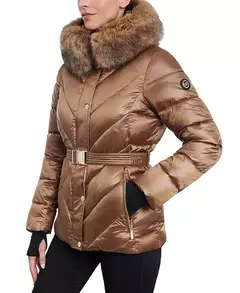 Jaqueta Michael Kors Faux Fur Trim Belted Down Puffer Coat - Husk - Tamanho P na internet
