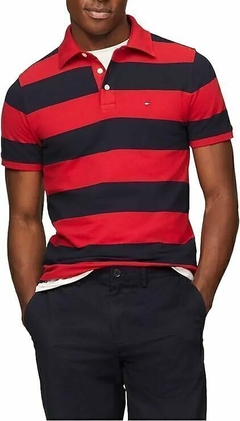 Camiseta Masculina Gola Polo Tommy Hilfiger Slim Fit Stretch - Vermelha/Marinho - Tamanho GG