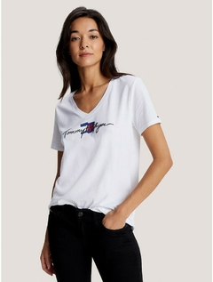 Camiseta feminina Tommy Hilfiger Script Logo com decote em V - Branca - Tamanho GG