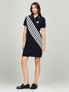 Vestido Feminino Polo Lista Diagonal Tommy Hilfiger Azul Marinho - TH2765 - Tamanho P