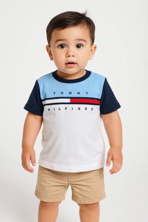 Camiseta Tommy Hilfiger Branca/Azul Marinho e Azul - TH109 - Tamanho 2 - 3 anos - comprar online