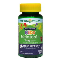 Spring Valley Fast Dissolve Kids Melatonina Cápsulas Mastigáveis, Sabor Uva, 1 Mg, 60 Unidades