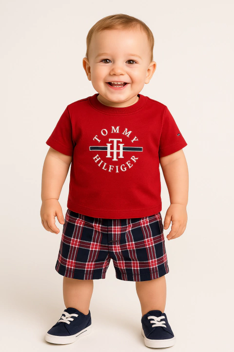 Conjunto bebe Tommy Hilfiger Vermelho/Xadrez - TH902 - Tamanho 12 meses - comprar online