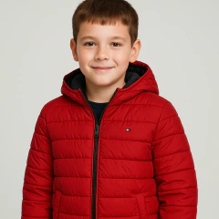 Jaqueta Infantil Puffer Tommy Hilfiger Vermelha/Azul Marinho/Capuz - TH899 - Tamanho 10 - 12 anos - comprar online