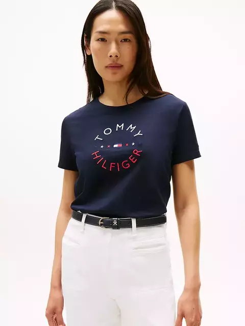 Camiseta Feminina Tommy Hilfiger Azul Marinho Logo Branco/Vermelho- TH0984- Tamanho G - comprar online