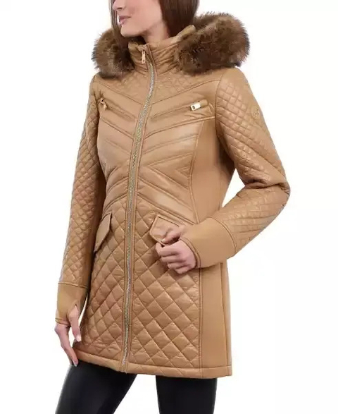 Jaqueta Michael Kors Faux-Fur-Trim Hooded Quilted Coat Marrom - Tamanho P