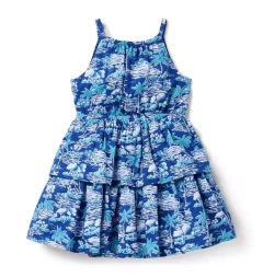 Vestido Tropical Palm Halter em Camadas Janie and Jack Azul Floral - Tamanho 8 anos