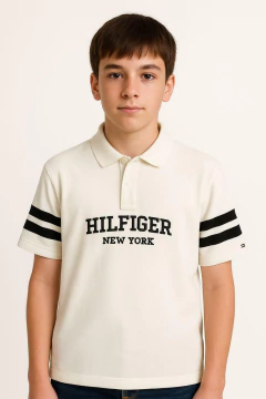 Camiseta Polo Tommy Hilfiger Branca com Bordado Marinho - TH1234 - Tamanho 8 - 10 anos - comprar online