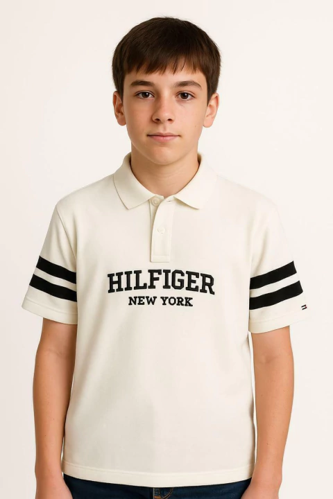 Camiseta Polo Tommy Hilfiger Branca com Bordado Marinho - TH1234 - Tamanho 8 - 10 anos - comprar online