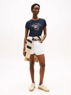 Camiseta Feminina Tommy Hilfiger Azul Marinho Logo Dourado- TH0985- Tamanho P - Mimos de Orlando