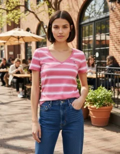 Imagem do Camiseta Feminina Tommy Hilfiger Listrada Pink - TH065 - Tamanho P