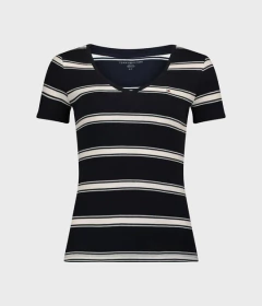 Camiseta Feminina Tommy Hilfiger Listrada Preta/Branca - TH0012- Tamanho PP - Mimos de Orlando