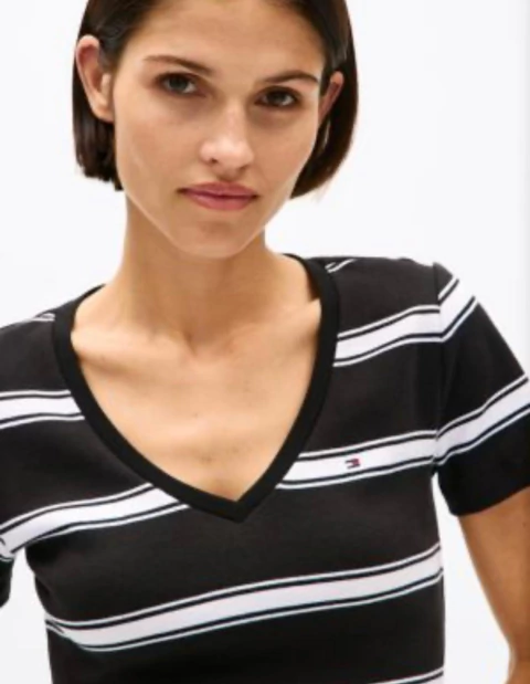 Camiseta Feminina Tommy Hilfiger Listrada Preta/Branca - TH0012- Tamanho PP - comprar online