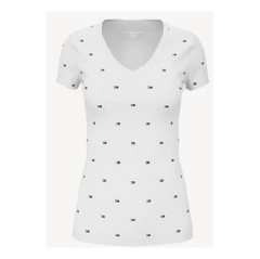 Camiseta Feminina Tommy Hilfiger Gola V Branca com Bandeirinhas - TH1323- Tamanho P - Mimos de Orlando