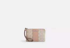 Carteira Coach Corner Zip Wristlet In Signature Canvas With Stripe - Sand/Taupe - comprar online