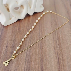 Imagem do Colar Elo Português e Lateral Pérolas e Pingente Nossa Senhora Banho Ouro 18K