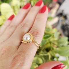 Anel Regulável Acima 19/20 Fios Espelhados com Pérola e Bolinha Delicada Banho Ouro 18K na internet