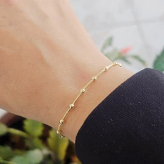 Pulseira Rabo de Rato com Bolinhas Espelhadas Banho Ouro 18K