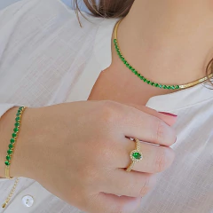 Choker Veneziana Dupla com Faixa de Riviera Esmeralda Banho Ouro 18K - loja online