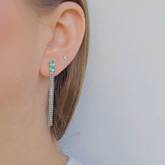 Brinco Alongado Veneziana Dupla com Duas Zircônias Verde-Água Banho Ródio Branco