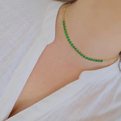 Choker Veneziana Dupla com Faixa de Riviera Esmeralda Banho Ouro 18K